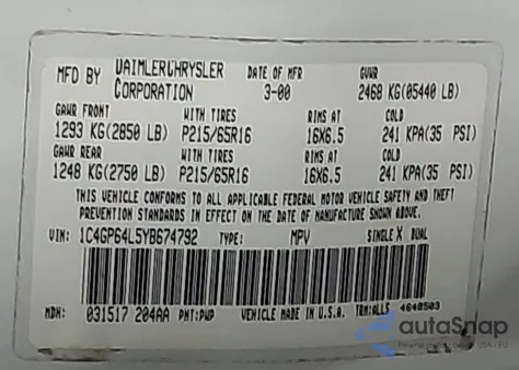 2000 Chrysler Town & Country Limited from USA, damaged, VIN 1C4GP64L5YB674792